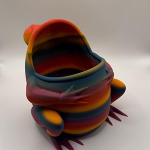 May include: A hollow, frog-shaped container featuring a vibrant, multi-colored gradient pattern with horizontal stripes in shades of orange, red, purple, blue, and yellow. The object has a wide, open top, defined limbs, and webbed feet.