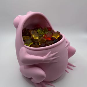 May include: A matte light pink frog-shaped container with a wide, open mouth serving as a bowl. The interior of the frog is filled with a collection of small, translucent, star-shaped gummy candies in various colors including red, yellow, and dark purple.