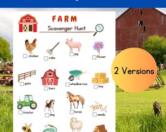 Op de afbeelding: Een printbaar boerderij-speurtocht spel met een checklist van boerderijdieren, voorwerpen en planten. De checklist bevat items zoals een kip, een varken, een hark, een bloem, een poort, een kruiwagen, een schuur, hooi, een tractor, een paard, een hond, zaden, een bij, een slang, een schaap en boomstammen.
