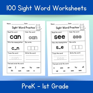 100 Printable Sight Word Practice Worksheets PreK - 1st Grade Handwriting Coloring Spelling Activity