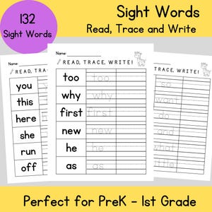 May include: A printable worksheet with a giraffe illustration. The worksheet is titled "Sight Words: Read, Trace and Write" and includes a list of sight words to read, trace, and write. The words include "too", "why", "first", "new", "he", "as", "so", "want", "do", "and", "what", and "little".