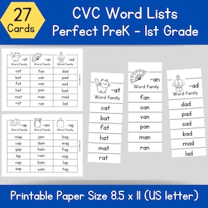 27 juegos de listas de palabras CVC para imprimir, lectura desde preescolar hasta primer grado, tarjetas fonéticas, aprender a leer, educación en el hogar Montessori, aprendizaje divertido en familia de palabras