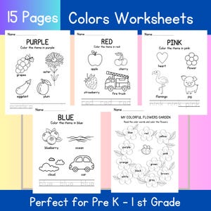 May include: Black and white printable worksheets for kids to color items by color. The colors include purple, red, pink, blue, yellow, orange, green, black, white, brown, and gray. The worksheets feature images of common objects like grapes, eggplant, plum, apple, cherry, strawberry, fire truck, heart, flower, flamingo, pig, blueberry, ocean, cloud, car, and a bee.