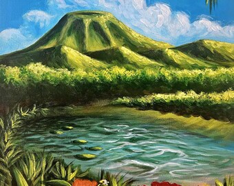 Artwork Titled: "Boat Drinks" | Acrylic Painting of a Tropical Volcano | Fine Art | Original | 12x16