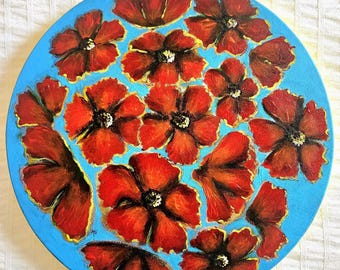 Artwork Titled: "Poppies" | Acrylic Painting of Flowers | Pop Art/Abstract | Fine Art | Original | 11in. Circle