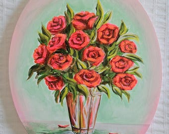 Artwork Titled: "Primetime Roses" | Acrylic Canvas of Roses | Fine Art | Original | 9x12 Oval