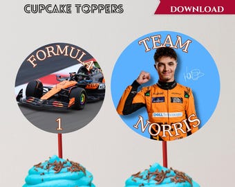 Lando Norris Birthday Cupcake Toppers, F1 Birthday Party Favors (PDF)