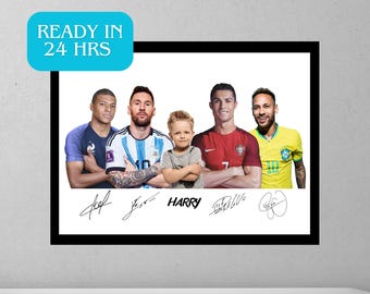 Personalized Poster of Ronaldo, Messi, Mbappe and Neymar, Personalized photo, Custom Poster in A3 size, Signed Football Gift, Birthday Gift