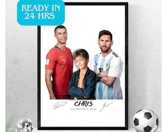 Personalized Ronaldo and Messi Poster, Custom Print, Signed Messi & Ronaldo, Photo With Fan, Football Gift, Soccer Boyfriend Gift