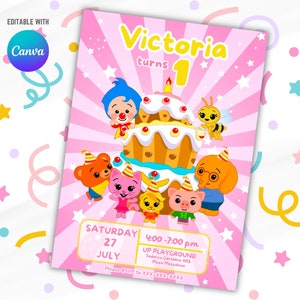 Convite de aniversário da Plim Plim Cake Girl | Convite editável | Download instantâneo | Plim Plim Pink | Plim Plim Rosa | Plim Plim Niña