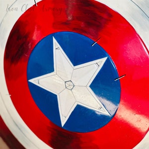 Pu&ograve; includere: Uno scudo di Capitan America rosso, bianco e blu con una stella bianca a cinque punte al centro. Lo scudo &egrave; fatto di metallo e ha un aspetto usurato.
