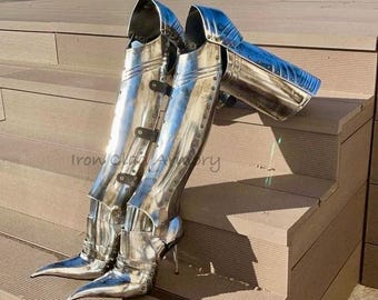 Medieval Knight Greaves Leg Guard Thighs Boots Shoes Knight Armor Steel LARP Gothic Lady Costume Battle Cosplay Women Men Girl Gift