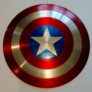 May include: A red, white, and blue Captain America shield with a five-pointed star in the center.