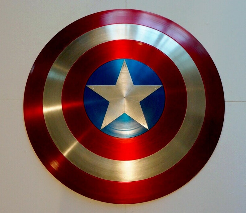 May include: A red, white, and blue Captain America shield with a five-pointed star in the center.