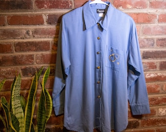 Vintage 1980&#39;s Baby Blue Button Down Shirt  with Gold Embroidered Pocket Watch
