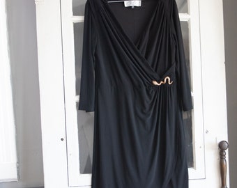 Vintage 1970's Black Matte Jersey Mock Wrap Midi Length Dress by Colleen Logs