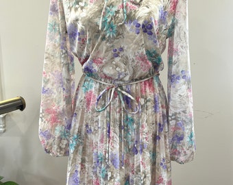 1970s Floral Pleated Maxi Dress With Rope Belt