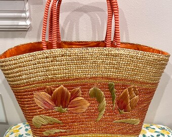 Vintage Rattan Straw Wicker Lined Raffia Flower Bag Purse