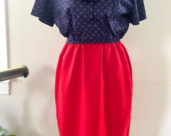 Vintage 1970’s Navy Blue and Red Midi Dress