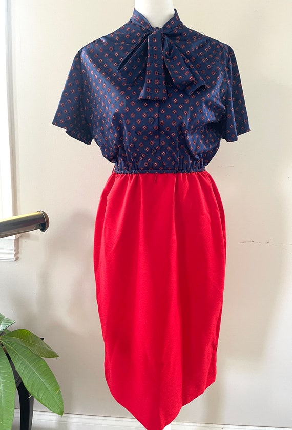 Vintage 1970’s Navy Blue and Red Midi Dress - image 1