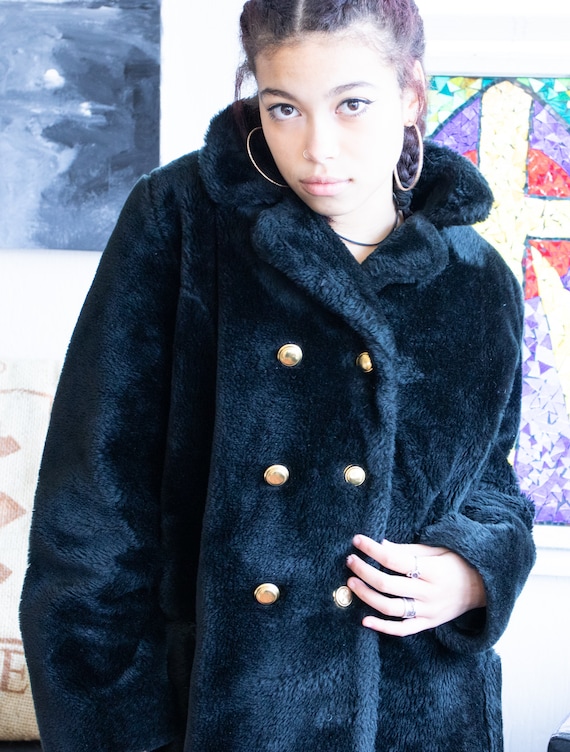 Vintage 1960's Black  Faux Fur Coat