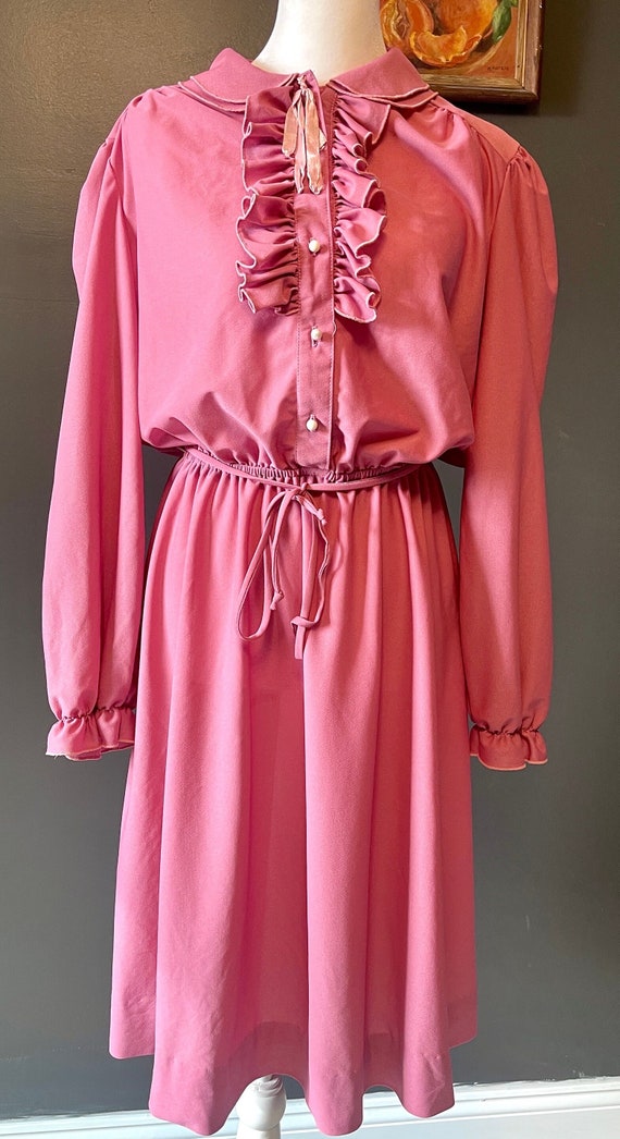 Vintage 1970s Pink Puff Sleeved Dress with Ribbons and Ruffles Vintage 1970s Pink Puff Sleeved Dress with Ribbons and Ruffles