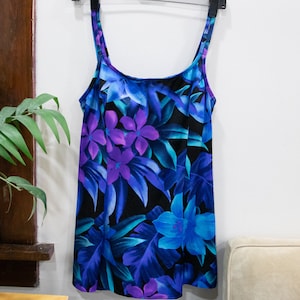 Vintage 1990's Black Purple and Blue  Floral Bathing Suit