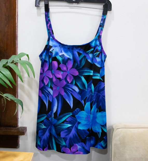 Vintage 1990's Black Purple and Blue  Floral Bathing Suit