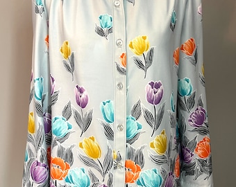 Vintage 1980’s High Collar Button Down Blouse with Floral Pattern