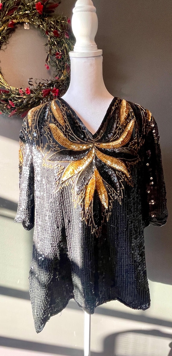 Gold Sequins Blouse with Black and Gold Jacquard Skirt