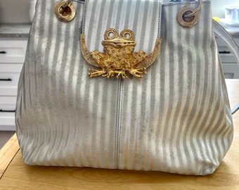 Vintage 1980s Silver Handbag With Gold Plated Frog