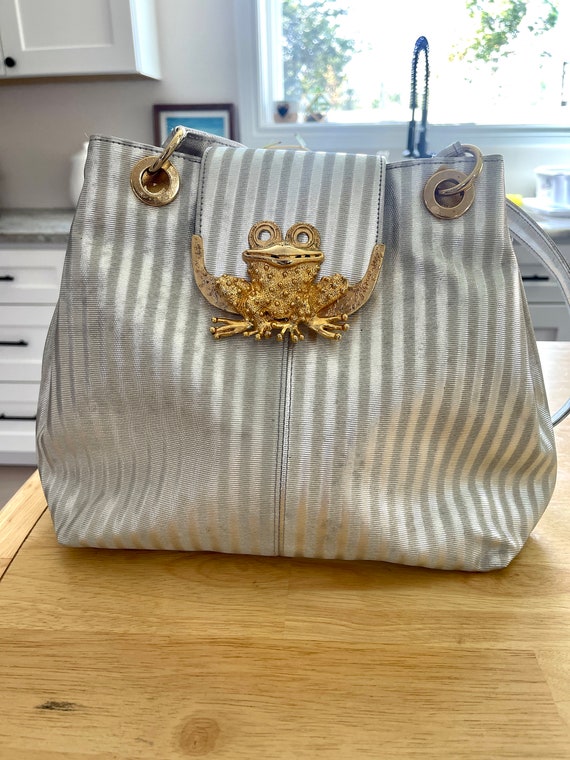 Vintage 1980s Silver Handbag With Gold Plated Frog