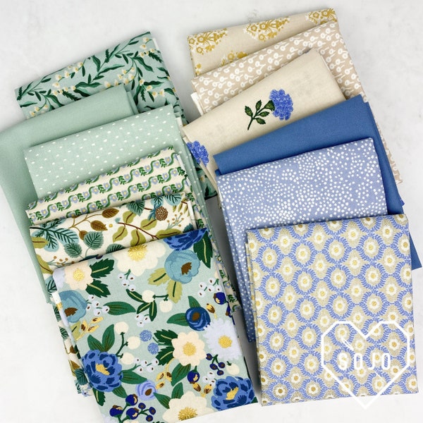 Rifle Paper Vintage Garden Blue and Green Curated Bundle - by Rifle Paper Co & Cotton+Steel - 100% fine cotton - Fat quarters - 12 pieces
