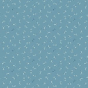 May include: A repeating pattern of small, light blue scissors scattered across a solid, medium-blue background. The scissors are depicted in a simple, minimalist style, creating a subtle, all-over design. This pattern is suitable for fabric or wallpaper.