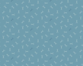May include: A repeating pattern of small, light blue scissors scattered across a solid, medium-blue background. The scissors are depicted in a simple, minimalist style, creating a subtle, all-over design. This pattern is suitable for fabric or wallpaper.