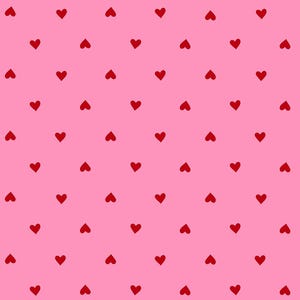 May include: A pink background with a repeating pattern of small, red hearts. The hearts are evenly spaced and arranged in rows and columns, creating a simple, yet romantic design. The hearts are a solid, deep red color.