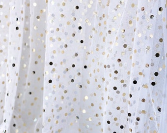 Gold Twinkle Mini Dot Tulle on White - ultra-fine tulle fabric by the yard - 58" wide 100% polyester - mini gold dots on white