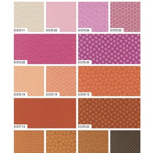 May include: A collection of fabric swatches titled Scenery by Elizabeth Hartman, featuring various patterns including geometric rectangles, small stars, vertical leaf-like shapes, and floral motifs in shades of pink, orange, brown, and cream.