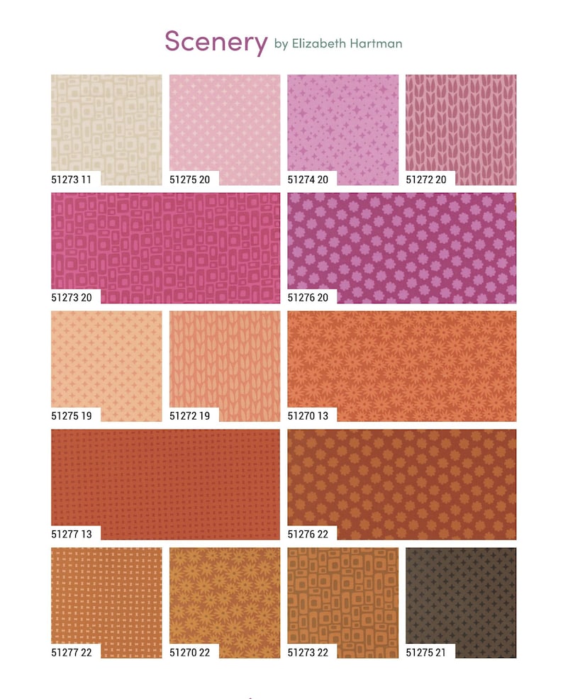 May include: A collection of fabric swatches titled Scenery by Elizabeth Hartman, featuring various patterns including geometric rectangles, small stars, vertical leaf-like shapes, and floral motifs in shades of pink, orange, brown, and cream.