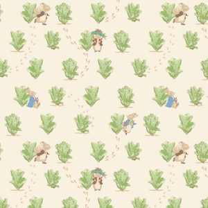 May include: A repeating pattern featuring illustrations of rabbits in blue jackets and brown animals with green hats, interspersed with green lettuce and footprints on a cream background. The design evokes a whimsical, storybook aesthetic.