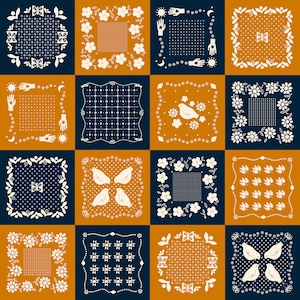 May include: A digital pattern featuring a repeating design of 12 squares with various patterns in white on a blue and orange background. The patterns include birds, flowers, stars, hands, and geometric shapes.