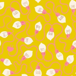 May include: A repeating pattern on a mustard yellow background featuring white light bulbs with pink bases connected by wavy pink electrical cords and pink electrical plugs, creating a continuous graphic design of string lights.
