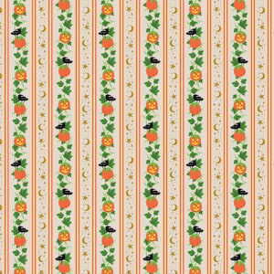 May include: A repeating pattern fabric featuring vertical stripes of orange and cream. The design includes alternating columns of green vines with orange jack-o'-lanterns and black crows, alongside columns of gold crescent moons and stars.