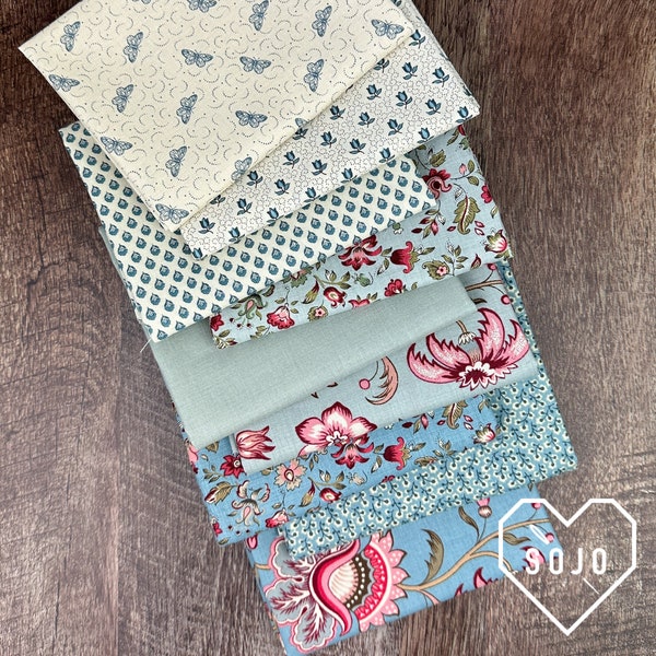 Antoinette Blue and Cream Bundle - Designed by French General for Moda - 9 pieces - 100% cotton - Half Yard, Fat Quarter