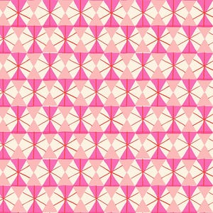 May include: A repeating geometric pattern featuring a grid of light cream hexagons filled with alternating hot pink and light pink triangles. Thin red lines radiate from the center of each hexagon, creating a starburst effect across the surface.