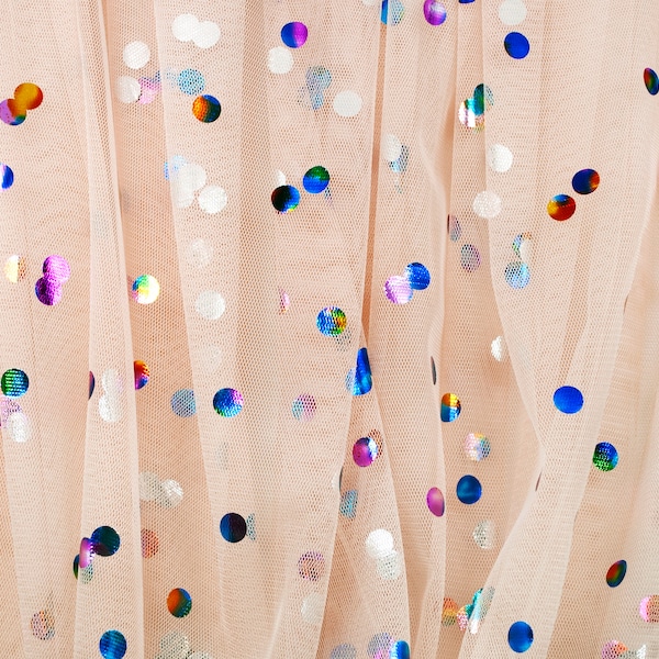 Rainbow Party Polka Dot Tulle - ultra-fine tulle fabric - 58" wide 100% polyester - metallic rainbow foil confetti dots