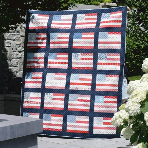 Stars and Stripes Navy Blue Quilt Kit - Large Size - Fabric curated at Sojo - Finished Size: 73"x84" - pattern by Thimbleblossoms