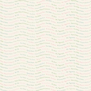 May include: A light beige background with a repeating pattern of names in pink, green, and blue. The names include: Jemima Puddle-Duck, Flappy, Mopy & Cotton-tail, Tom Kitten, Mr. Peter Rabbit, Benjamin Bunny, Mrs. Tiggy-winkle, Squirrel Nutkin, Peter Rabbit, Floppy, Mopy & Cotton-tail, Tom Kitten, Mr. Jeremy Fisher, Jemima Puddle-Duck, and more.