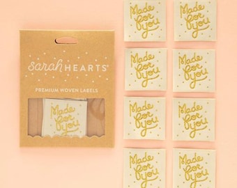 Sarah Hearts Premium Woven Tags -  Made for You Gold - perfect for all your handmade projects -  LP144 - 8 hearts per package