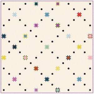 May include: A cream-colored quilt with a repeating pattern of black dots and colorful star shapes. The stars are in various colors, including red, blue, yellow, and pink. The quilt has a pink border.